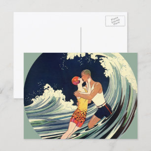 Carte Postale Art déco vintage, les amoureux baignent sur la pla