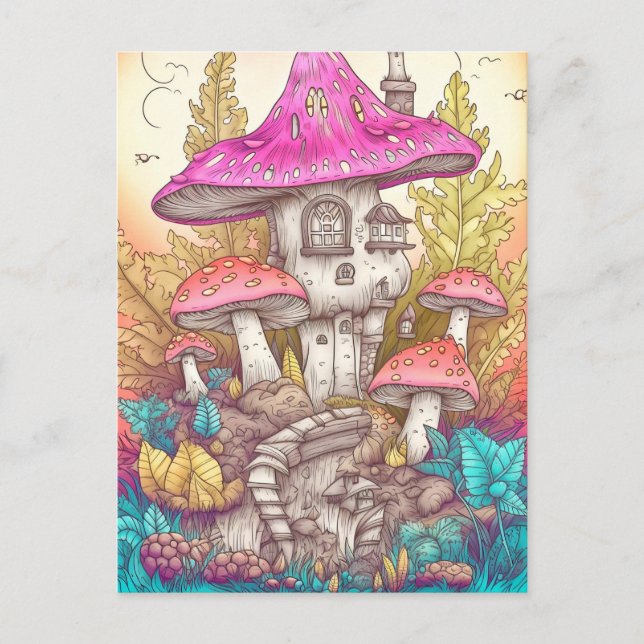 Carte Postale Art d'illustration du village de champignons rétro (Devant)