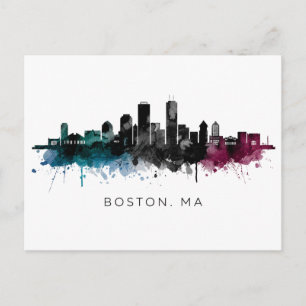 Carte Postale Art du Massachusetts Aquarelle de la skyline de
