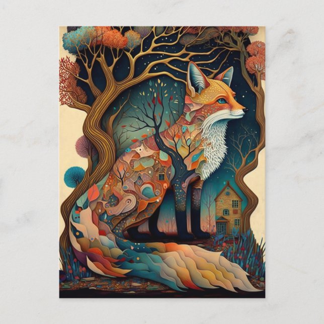 Carte Postale Art Fantastique de Renard Fantaisiste en Forêt (Devant)