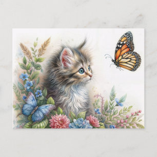 Carte Postale Art floral de chaton regardant un papillon