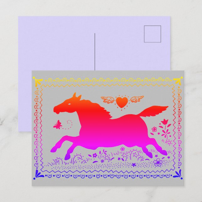 CARTE POSTALE ART FOLK PRIMITIF EXÉCUTANT HORSE EQUINE SILHOUETT (Devant / Derrière)