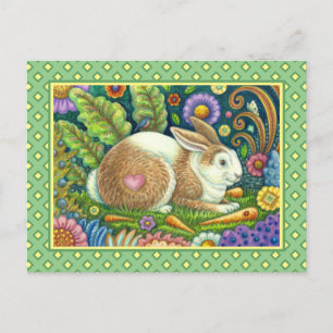 CARTE POSTALE ART FOLK RABBIT & BLUEBIRD DANS LE JARDIN SECRET