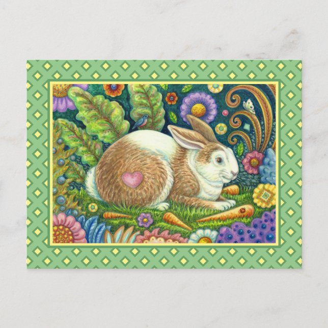 CARTE POSTALE ART FOLK RABBIT & BLUEBIRD DANS LE JARDIN SECRET (Devant)