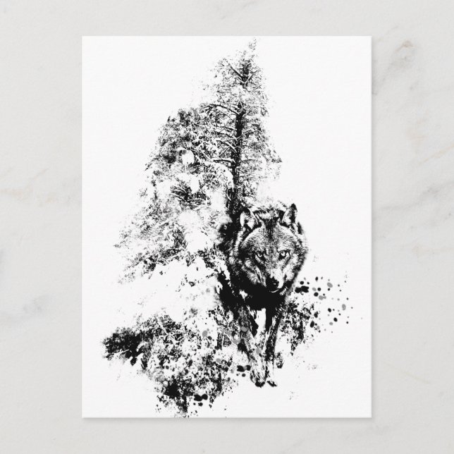 Carte Postale Art graphique Loup gris faune nature animale (Devant)