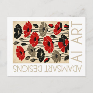 Carte Postale Art IA floral de coquelicot rouge vintage