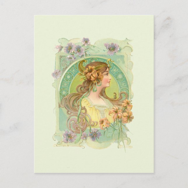 Carte Postale Art Nouveau Jeune Fille avec étoiles Fleurs (Devant)