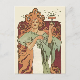 Carte Postale Art Nouveau vintage, Champagne par Alphonse Mucha