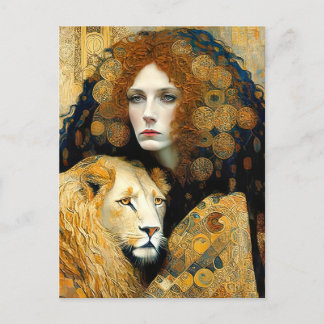 Carte Postale Art Nouveau Woman With Leon Inspired By Klimt