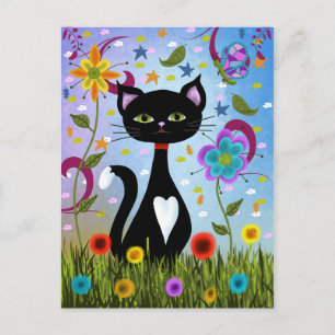 Carte Postale Art populaire abstrait : Chat noir et blanc charma