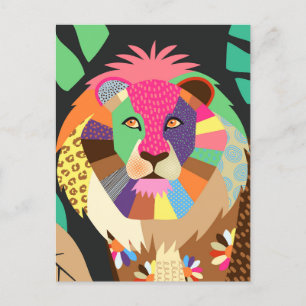 Carte Postale Art populaire coloré Jungle Lion Portrait animal