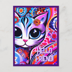 Carte Postale Art populaire mexicain Abstrait Kitty Cat Annivers