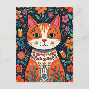 Carte Postale Art populaire Whimsical Chat et Fleurs