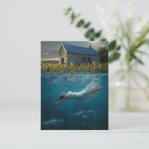 Carte Postale Art surréaliste Nage avec les requins dans la prai