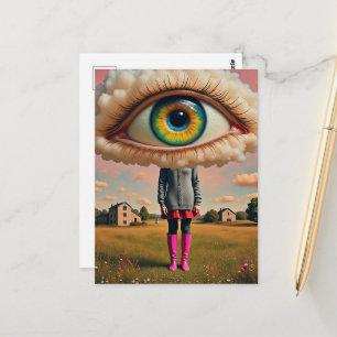 Carte Postale art surréaliste tête dans les nuages globe oculair
