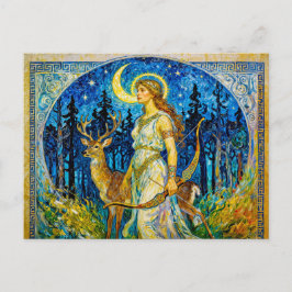 Carte Postale Artemis with Deer and Bow in a Starry Forest Night