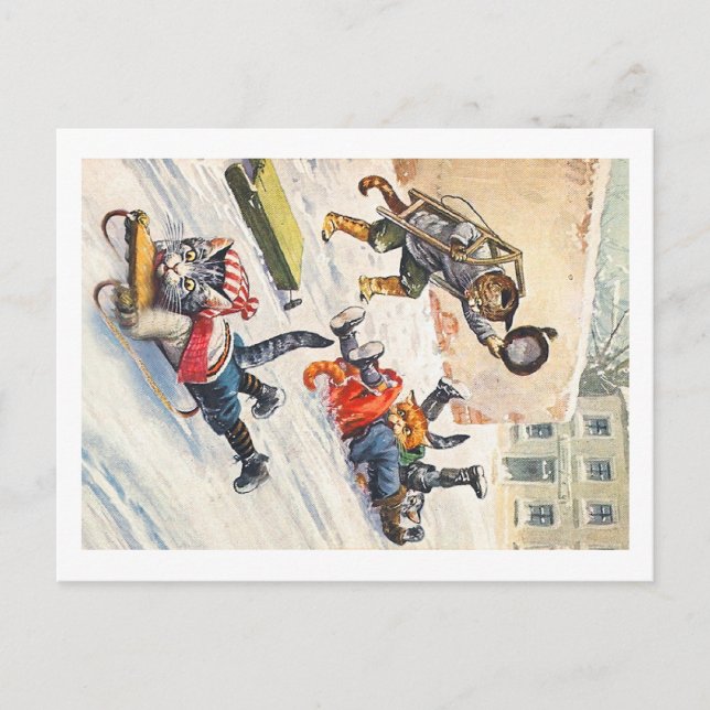 Carte Postale Arthur Thiele - Bobsledding Chats Anthropomorphes (Devant)