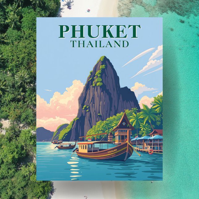 Carte postale artistique du bateau de plage de Phu (Phuket Thailand Beach Boat Art Postcard)