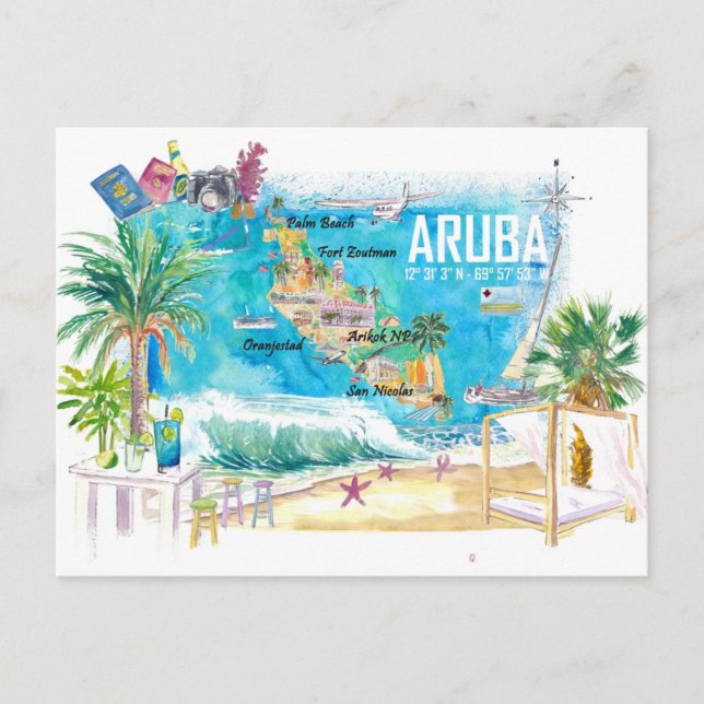 Carte Postale Aruba Antilles néerlandaises île des Caraïbes Illu (Devant)