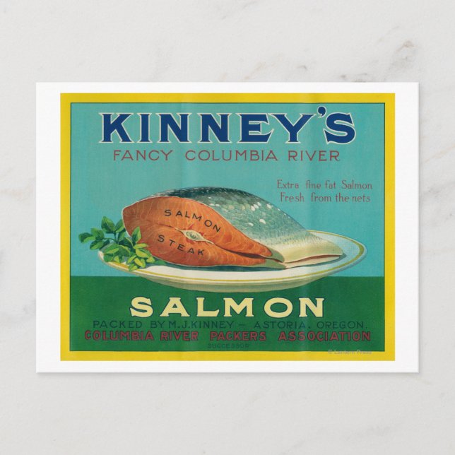 Carte Postale Astoria, Oregon - Étiquette Coque Saumon de Kinney (Devant)