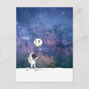 Carte Postale Astronaute dans l'espace avec ballon de lune cosmo