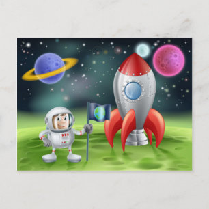 Carte Postale astronaute du dessin animé et fusée vintage