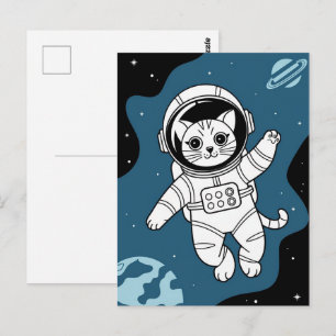 Carte Postale Astronaute Galaxie Planète Espace Chat Chaton Mino