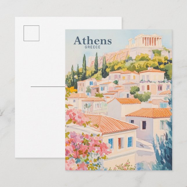 Carte Postale Athènes Grèce Gouache Peinture Illustration Voyage (Devant / Derrière)