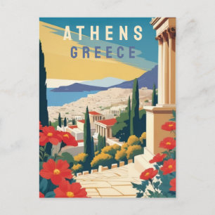 Carte Postale Athènes Grèce Travel Art avec Fleurs rouges