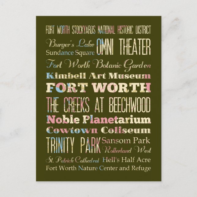 Carte Postale Attractions et lieux célèbres de Fort Worth, Texas (Devant)