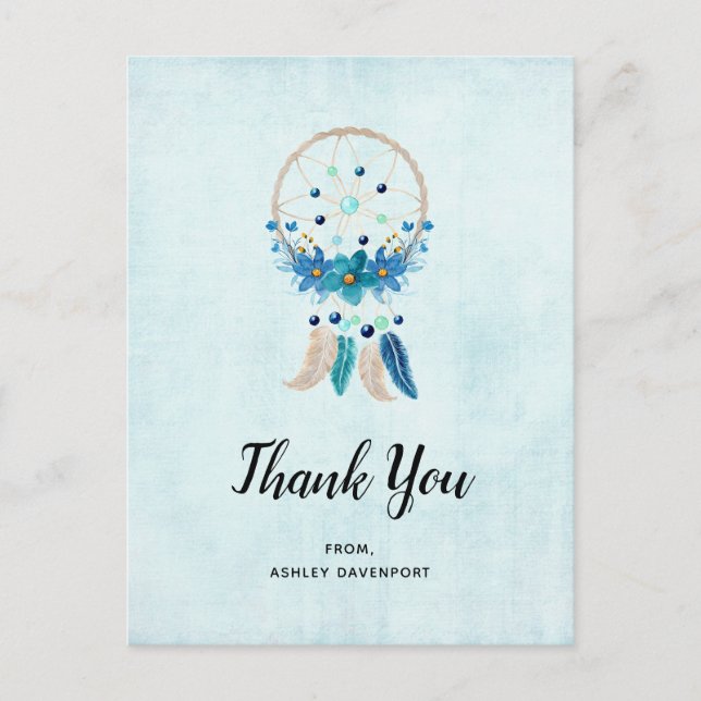 Carte Postale Attrape-rêves Bleu avec Plumes Boho Merci (Devant)