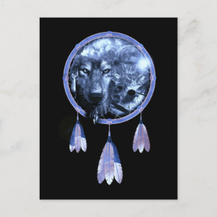 Carte Postale Attrape-rêves de loup Lune Amérindien Loups