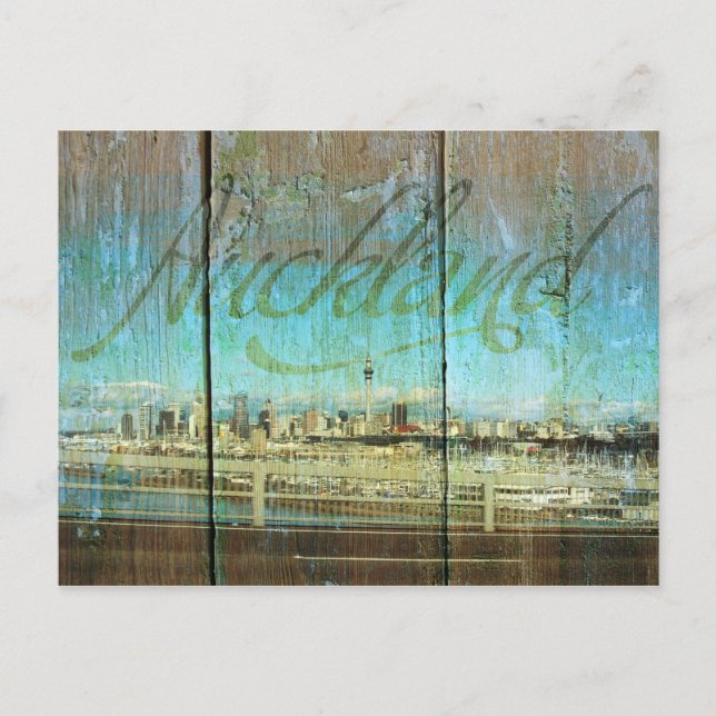 Carte Postale Auckland Waterfront Sur Old Wood (Devant)