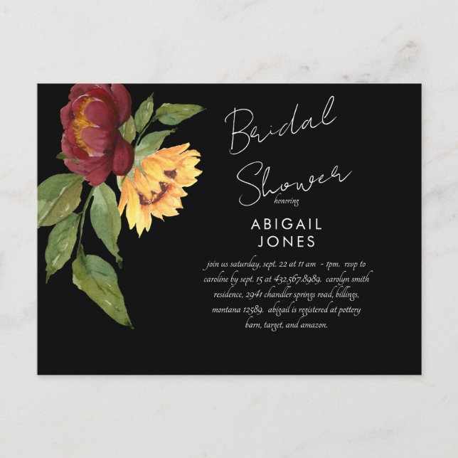 Carte Postale Audacieuse Sunflower Noire Douche nuptiale Invitat (Devant)