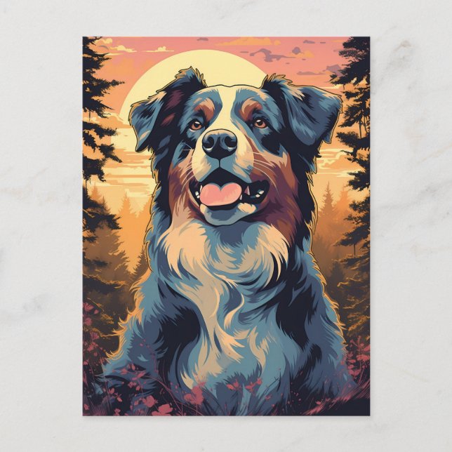 Carte Postale Australian-Shepherd dans la forêt au coucher du so (Devant)