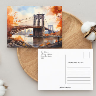 Carte Postale Automne à New York / Watercolor Brooklyn Bridge
