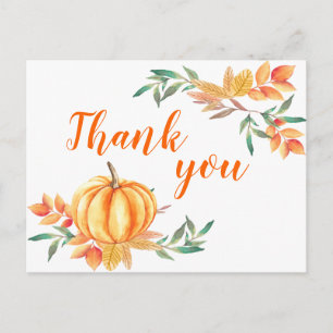 Carte Postale Automne Aquarelle Orange Citrouille Merci Feuille