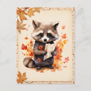 Carte Postale Automne Aquarelle Raccoon tenant une lettre -