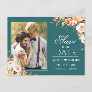 Carte Postale Automne Gold Floral Dark Turquoise Photo Enregistr