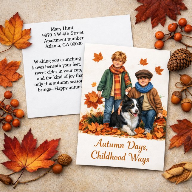 Carte Postale Automne nostalgique Aquarelle Enfants & Border Col (Créateur téléchargé)