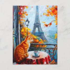 Carte Postale Automne parisien | Chat au gingembre dans un café
