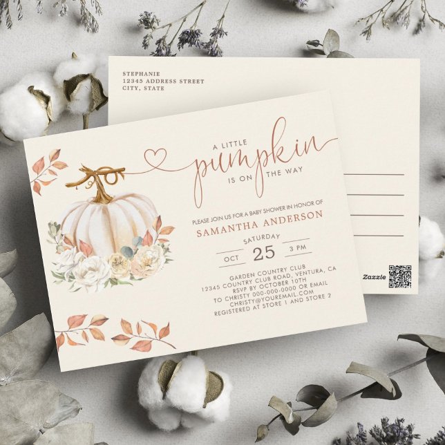 Carte Postale Automne Petit Citrouille Floral Baby shower Invita (A Little Pumpkin is on the way postcard invitation is an easy way to invite guests to your shower.)