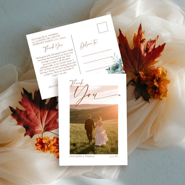 Carte Postale Automne Turquoise Burnt Orange Mariage Merci photo (fall wedding shower baby photo thank you teal burnt orange terracotta watercolor floral botanical)