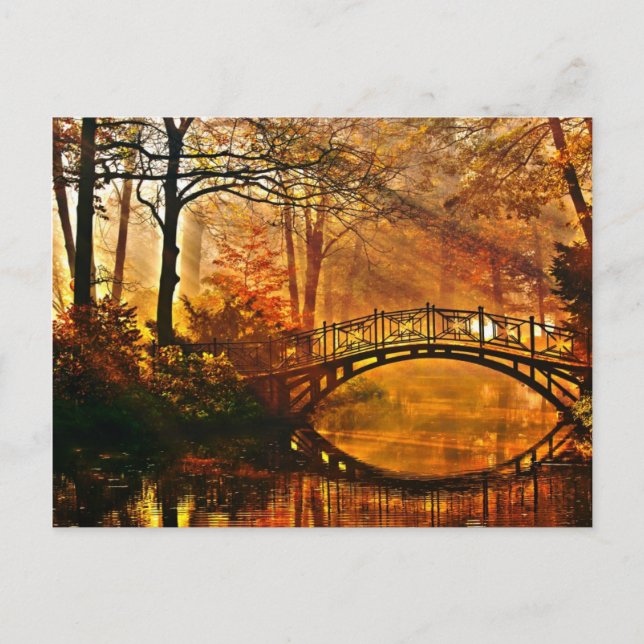 Carte Postale Automne - Vieux pont en automne parc brouillard (Devant)
