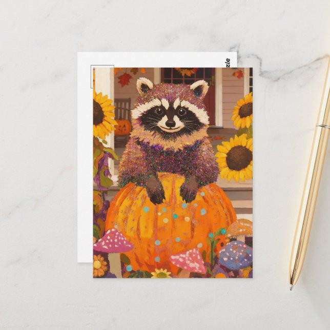 Carte Postale Autumn Raccoon (Devant/Arrière en situation)