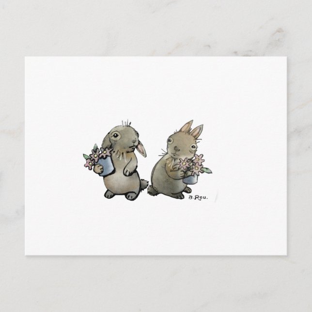 Carte postale aux lapins et fleurs (Devant)