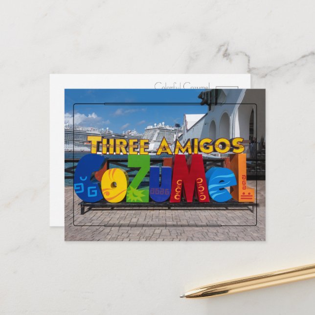 Carte postale aux signes Cozumel vibrants (Devant/Arrière en situation)