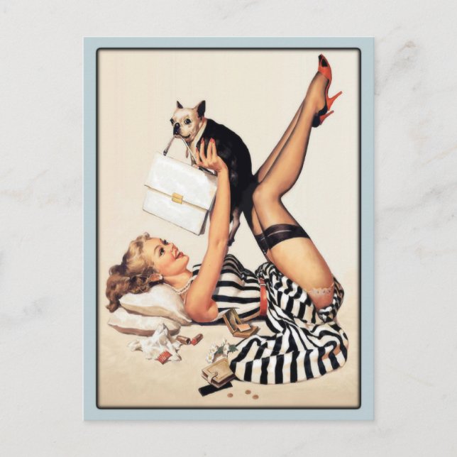 Carte postale avec Babe Vintage Jouer avec son chi (Devant)