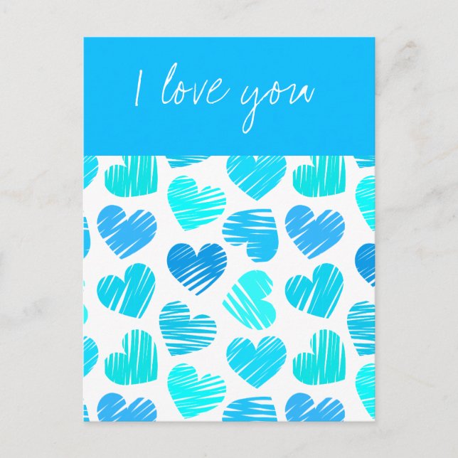 Carte postale avec des coeurs bleus esquissés (Devant)