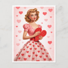 Carte postale avec motif rétro de cœur rose d'amou